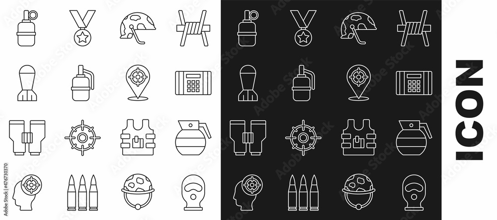 Set line Balaclava, Hand grenade, Dynamite bomb, Military helmet, Aviation, and Target sport icon. Vector Set line Balaclava, Hand grenade, Dynamite bomb, Military helmet, Aviation, and Target sport icon. Vector