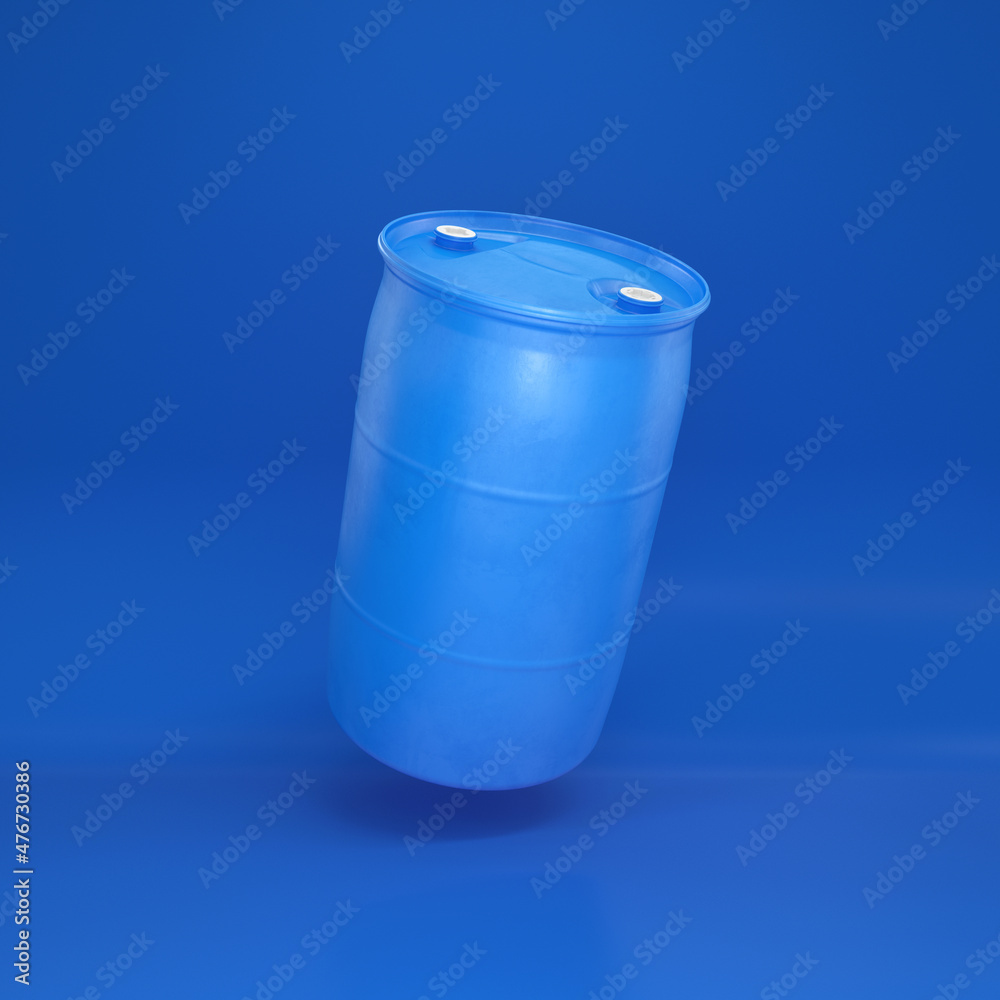 Blue plastic barrel floating on a blue background, 3d render Blue plastic barrel floating on a blue background, 3d render