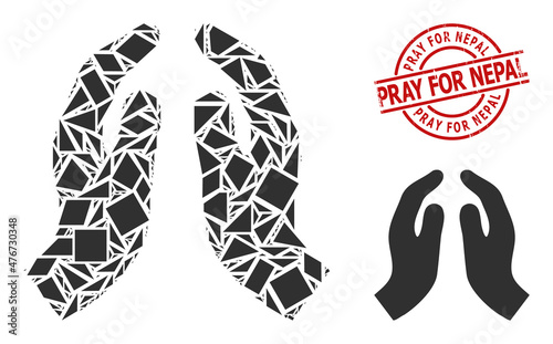 Simple geometric pray hands mosaic and Pray for Nepal corroded stamp. Red stamp includes PRAY FOR NEPAL tag inside circle and lines form.