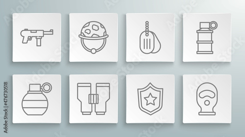 Set line Hand grenade, Military helmet, Binoculars, reward medal, Balaclava, dog tag, smoke and Submachine gun M3 icon. Vector