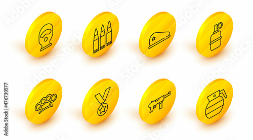 Set line Hand grenade, Submachine gun M3, Military reward medal, Brass knuckles, beret, Bullet and Balaclava icon. Vector