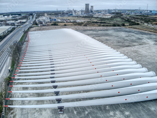 Wind turbine blades stored in Hull, East Yorkshire, UK