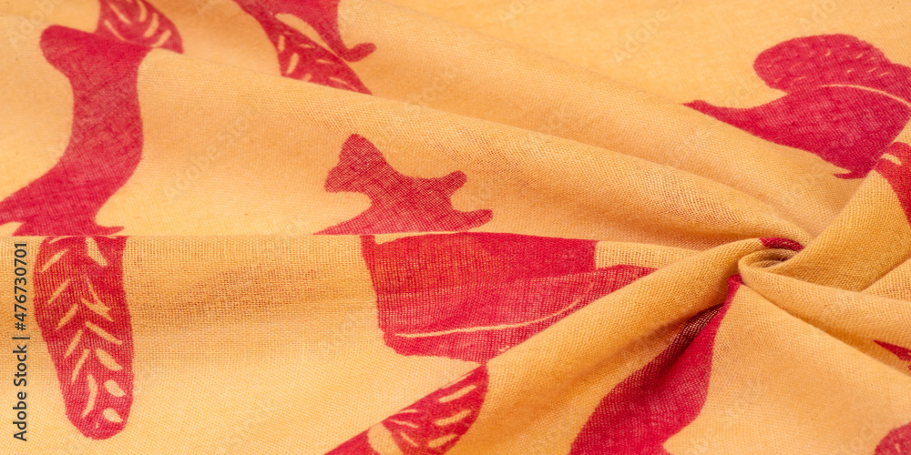 Texture, background, cotton fabric thin yellow with a print of