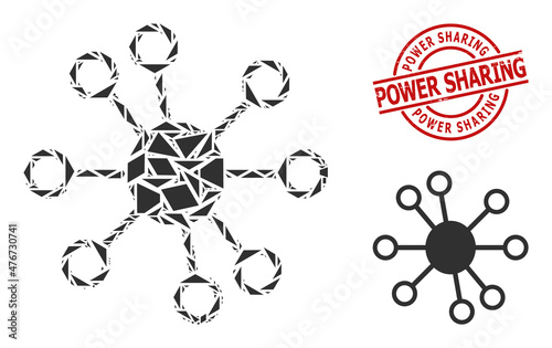 Simple geometric node links mosaic and Power Sharing scratched stamp seal. Red stamp seal includes POWER SHARING caption inside round and lines form.