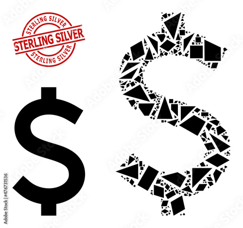 Simple geometric American dollar mosaic and STERLING SILVER unclean stamp. Red stamp has Sterling Silver tag inside round and lines shape.