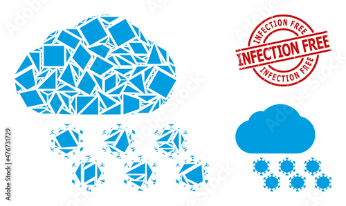 Simple geometric virus cloud mosaic and Infection Free rubber stamp seal. Red stamp seal includes Infection Free tag inside round and lines shape.