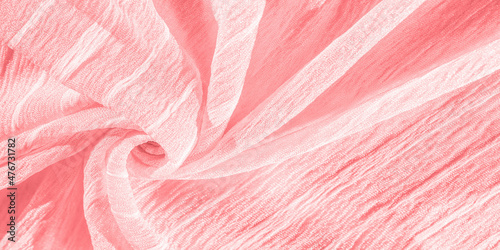 Texture, background, pattern, collection, wrinkled raspberry red silk fabric. 3D pleated wrinkled and wrinkled light camel fabric made of pure silk