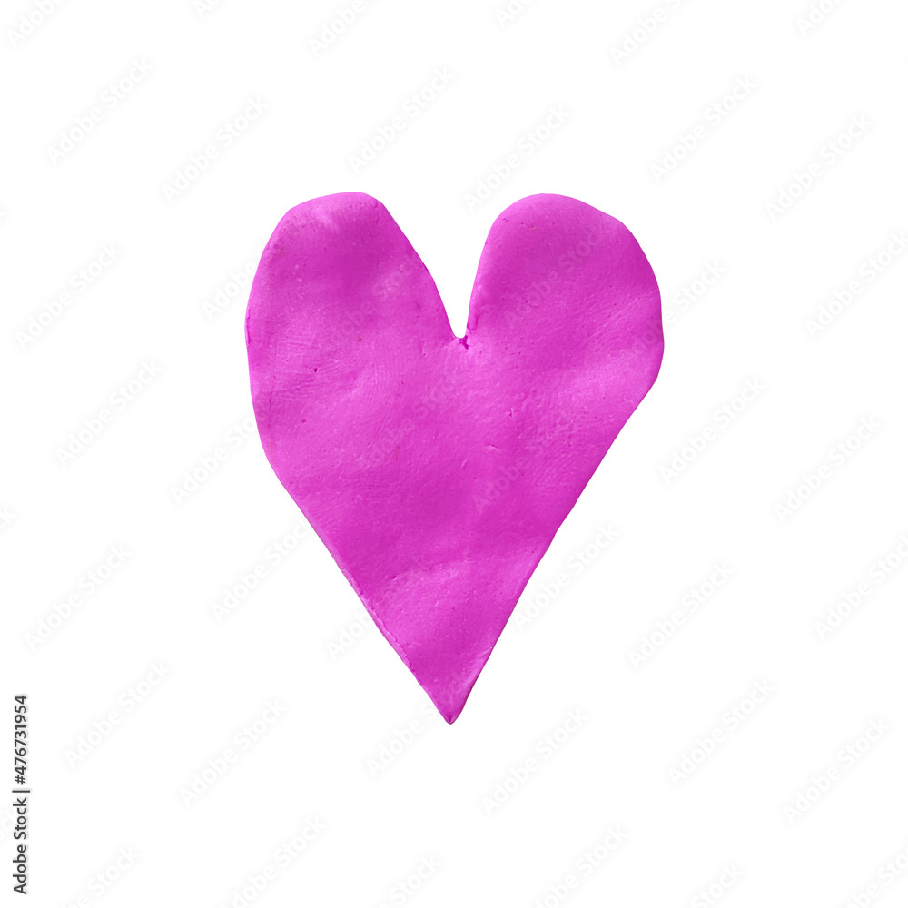 Plasticine isolated sticker heart shape purple free form. Element made from real craft clay. Hand made 3d rendering. Boho abstract free form shape with fingers texture. Text box template	