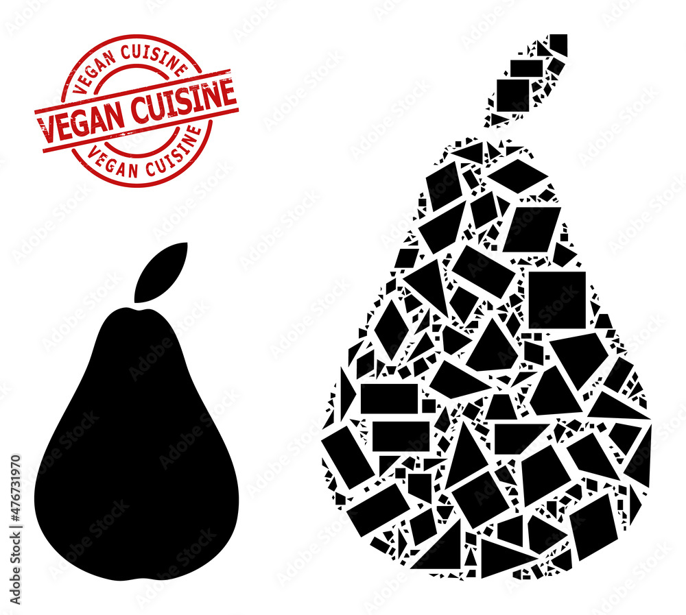 Simple geometric pear mosaic and Vegan Cuisine textured seal. Red seal includes VEGAN CUISINE title inside round and lines form. Vector pear icon collage is designed with random triangles,