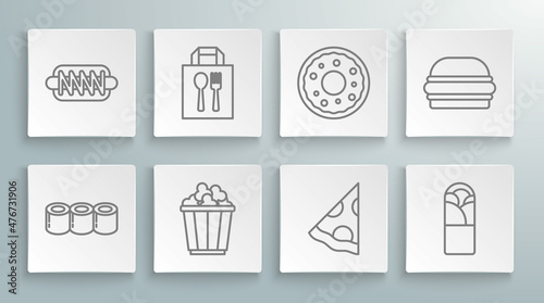 Set line Sushi, Online ordering and delivery, Popcorn box, Slice of pizza, Doner kebab, Donut, Burger and Hotdog sandwich icon. Vector