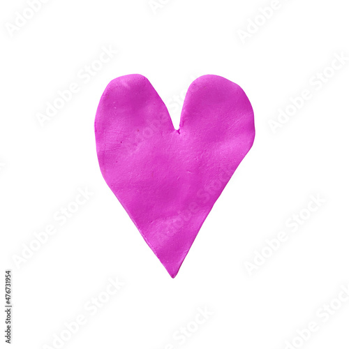 Plasticine isolated sticker heart shape purple free form. Element made from real craft clay. Hand made 3d rendering. Boho abstract free form shape with fingers texture. Text box template 