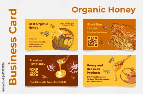 Organic honey business card set vector engraved illustration premium beeswax natural products