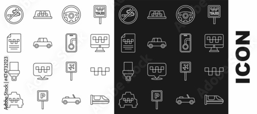 Set line High-speed train, Taxi car roof, Computer call taxi service, Steering wheel, Car, driver license, No Smoking and City map navigation icon. Vector
