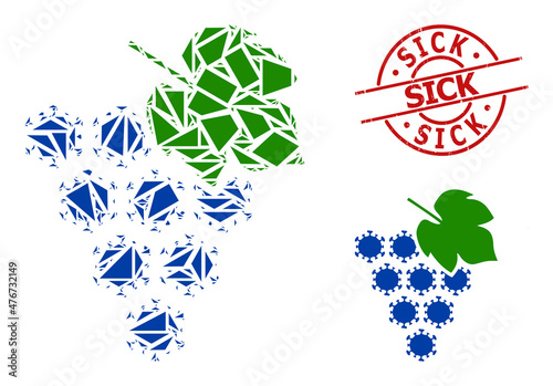 Simple geometric virus grape bunch mosaic and Sick dirty stamp seal. Red stamp seal has SICK caption inside circle and lines form.