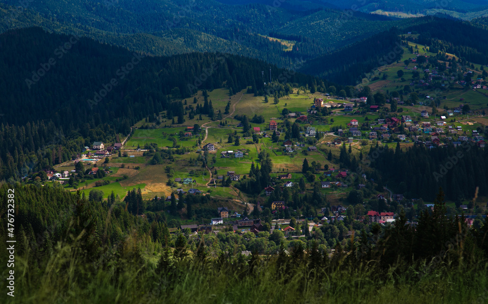 Mountain panoramic landscape with trees and a village on a sunny summer day.