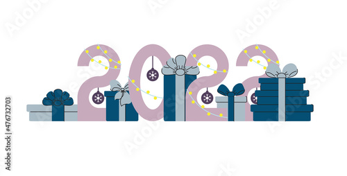 Christmas poster with numbers of the year 2022. Christmas tree, gifts and balls in flat style. Vector