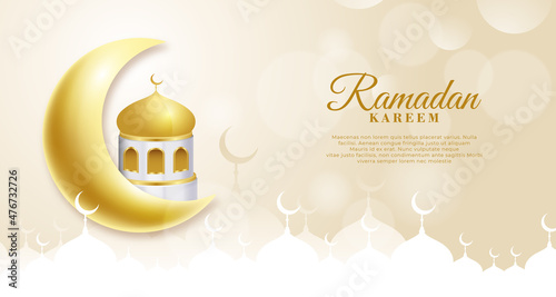 Ramadan kareem banner, 3D golden moon and mosque minarets 