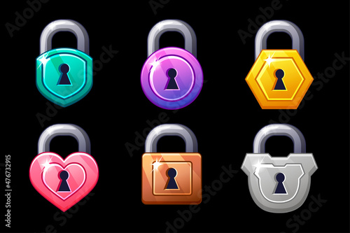 Game icon multicolored metal closed lock shapes square round and hearts.