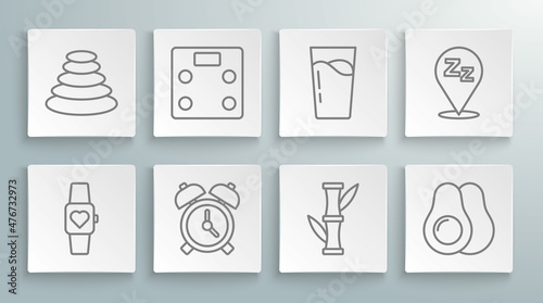 Set line Smart watch, Bathroom scales, Alarm clock, Bamboo, Avocado fruit, Glass with water, Sleepy and Stack hot stones icon. Vector
