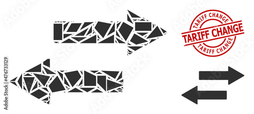 Simple geometric horizontal exchange arrows mosaic and Tariff Change unclean stamp. Red stamp contains TARIFF CHANGE caption inside round and lines shape.