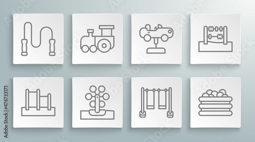 Set line Horizontal bar, Toy train, Ferris wheel, Double swing, Pool with balls, Swing car, Abacus and Jump rope icon. Vector