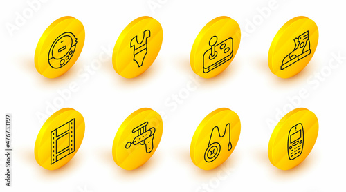 Set line Old mobile phone, Yoyo toy, Ray gun, Play Video, Sport sneakers, Joystick, Swimsuit and Music CD player icon. Vector