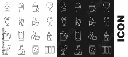 Set line Shot glass, Wine bottle with, Cocktail shaker, Champagne and, Whiskey and Bottle of vodka icon. Vector