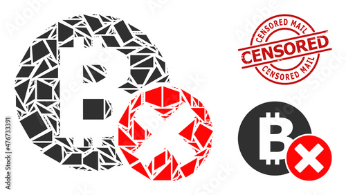 Simple geometric reject bitcoin mosaic and Censored Mail textured stamp imitation. Red stamp seal includes Censored Mail text inside round and lines template.