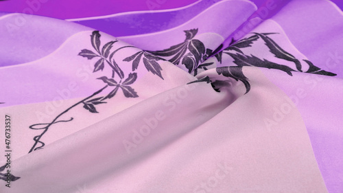Texture, background, pattern, postcard, silk fabric, blue, lilac glaucous tones, black patterns with print, floral pattern, exquisite fabric will make your project the best photo