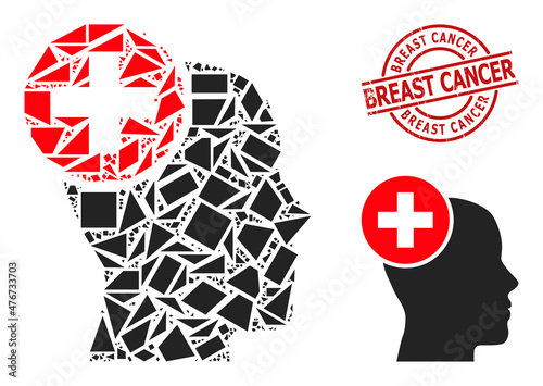 Simple geometric head treatment mosaic and Breast Cancer grunge stamp seal. Red stamp seal includes BREAST CANCER tag inside round and lines template.