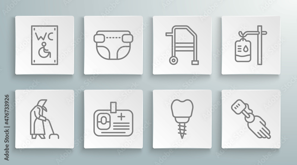 Set line Grandmother, Adult diaper, Identification badge, Dental implant, Prosthesis hand, Walker, IV bag and Separated toilet for disabled icon. Vector Set line Grandmother, Adult diaper, Identification badge, Dental implant, Prosthesis hand, Walker, IV bag and Separated toilet for disabled icon. Vector