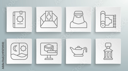 Set line Ramadan fasting, Donate or pay your zakat, Kaaba mosque, Oil lamp, Kareem lantern, Muslim woman niqab, Traditional carpet and Holy book of Koran icon. Vector