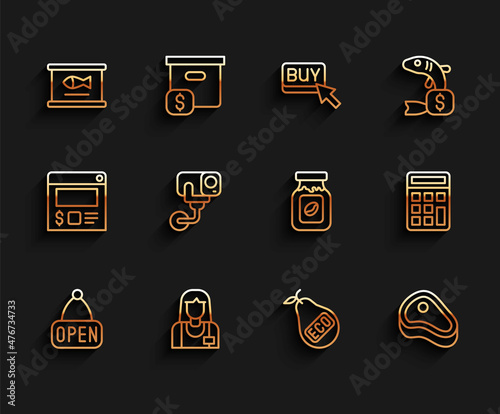 Set line Hanging sign with Open, Seller, Canned fish, Healthy organic pear, Steak meat, Security camera, Calculator and Coffee jar bottle icon. Vector