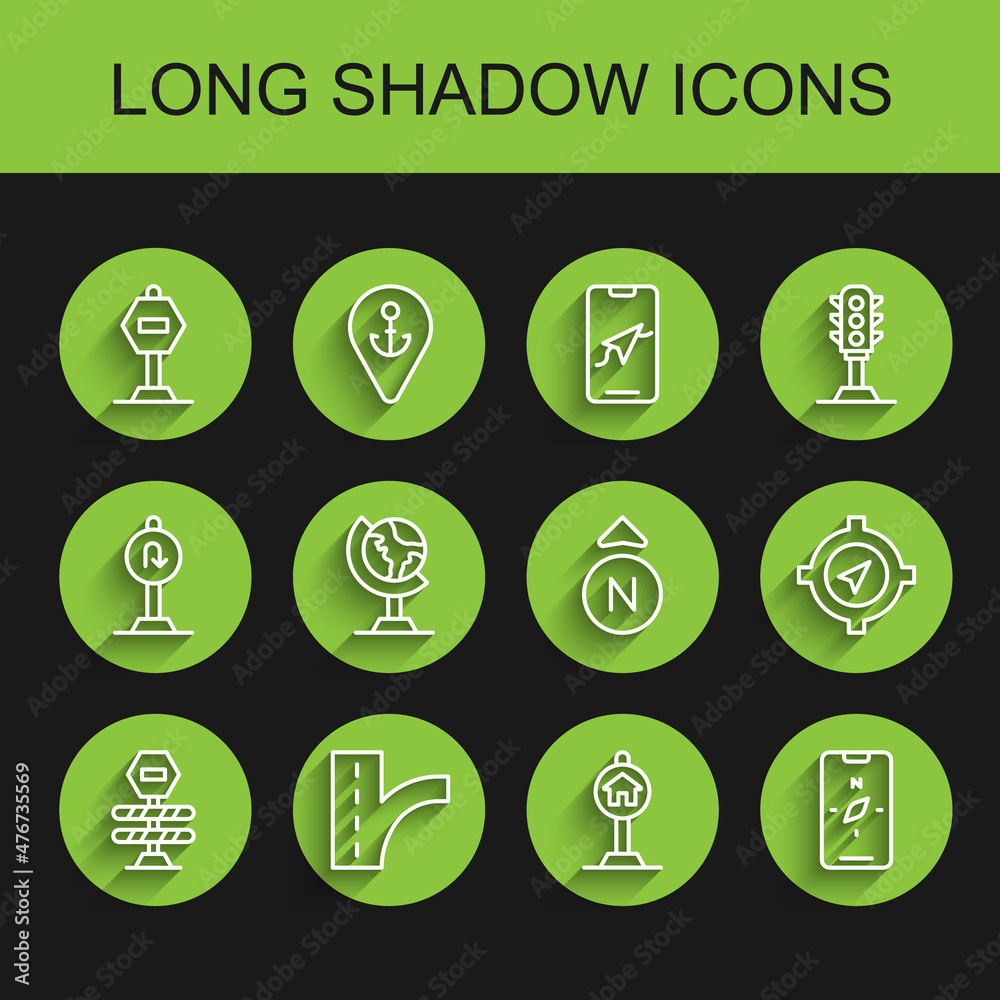 Set line Road barrier, traffic sign, Stop, Hotel for, Compass on mobile, Earth globe, and icon. Vector Set line Road barrier, traffic sign, Stop, Hotel for, Compass on mobile, Earth globe, and icon. Vector