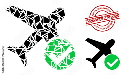 Simple geometric accept airplane mosaic and Reservation Confirmed unclean stamp seal. Red seal has Reservation Confirmed title inside round and lines template.