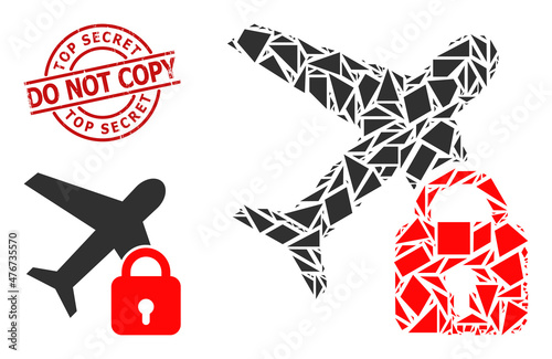 Simple geometric locked airplane mosaic and TOP SECRET DO NOT COPY scratched stamp imitation. Red stamp includes Top Secret Do Not Copy text inside circle and lines form.
