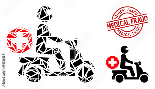 Simple geometric doctor motorbike mosaic and MEDICAL FRAUD grunge seal. Red stamp seal has Medical Fraud title inside round and lines template.