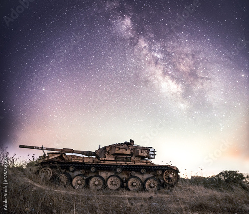 The Milky Way over a military tank, night photo of the Milky Way