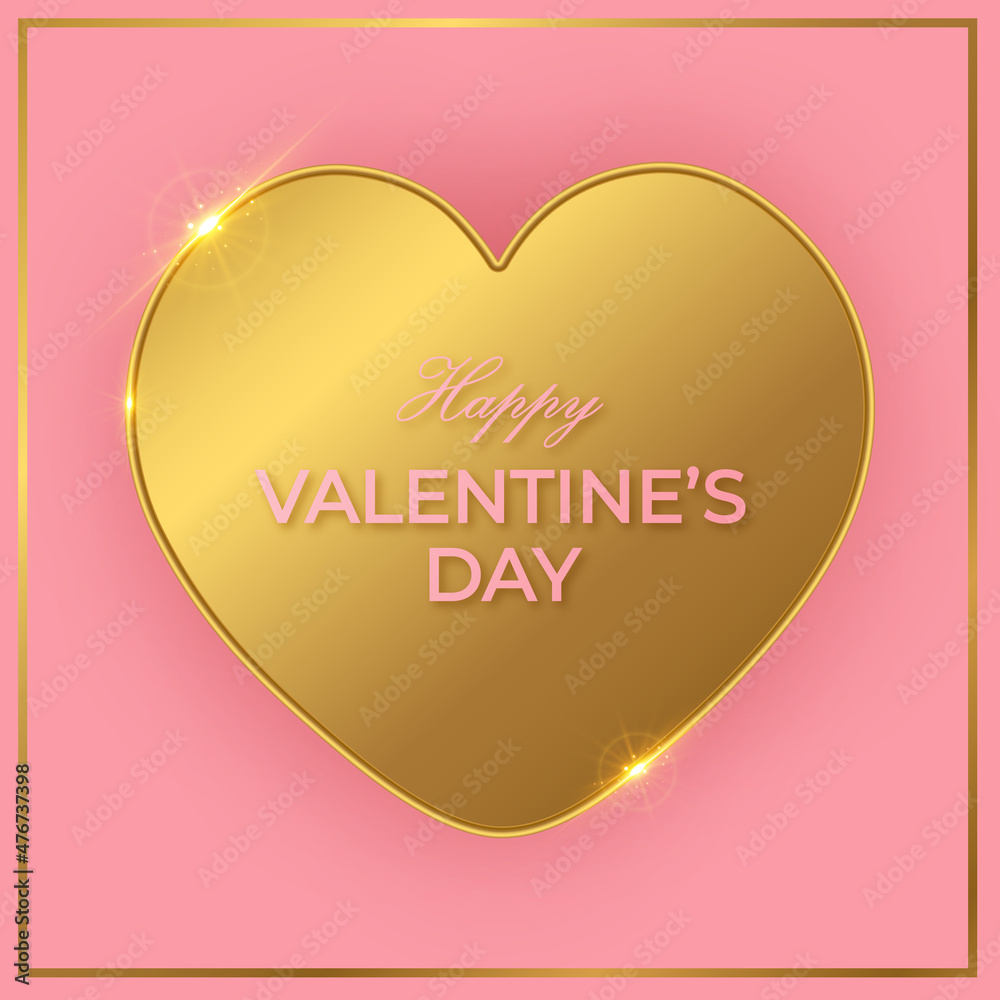 Happy Valentine's Day greeting card with big golden heart on pink background.