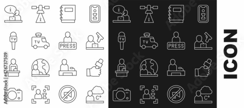Set line Weather forecast, Journalist news, Crime, Notebook, TV News car, Microphone, Television report and icon. Vector