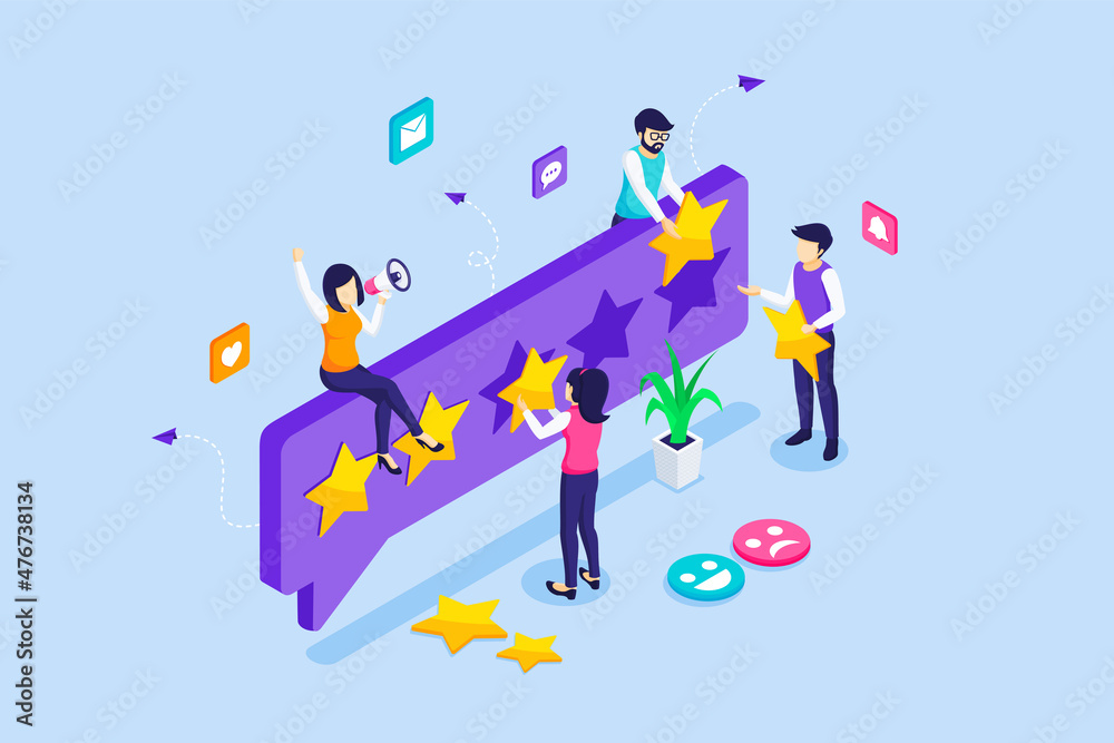 Group of people gives stars ratings. Customer review concept, positive feedback, and evaluation for a product or service. Customer experience and satisfaction. Isometric Vector Illustration Group of people gives stars ratings. Customer review concept, positive feedback, and evaluation for a product or service. Customer experience and satisfaction. Isometric Vector Illustration