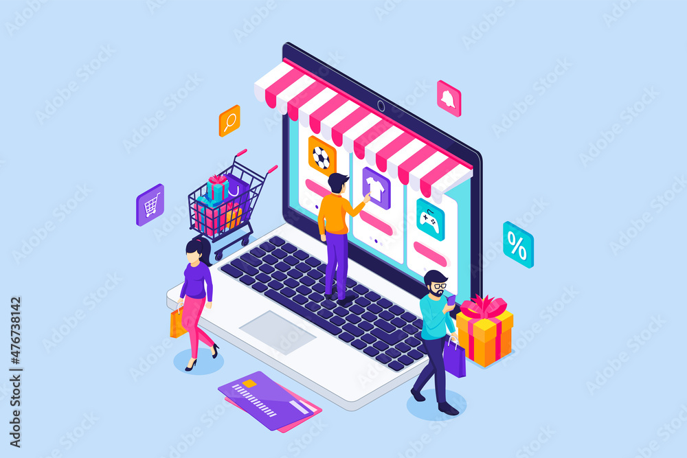 People are shopping online and buying things in an online store via a giant laptop. Online shopping concept. Isometric Vector Illustration People are shopping online and buying things in an online store via a giant laptop. Online shopping concept. Isometric Vector Illustration