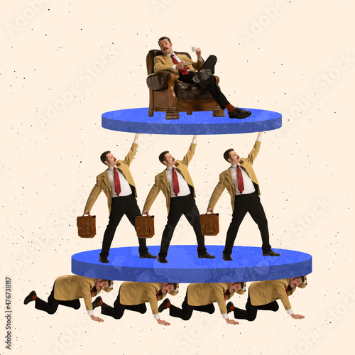 Creative design. Contemporary art collage of businessmen standing in pyramid according to work class hierarchy photo