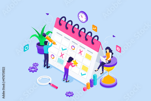 People are filling out the work schedule on a giant calendar. Business and Work planning schedule  Daily routine  and Time Management concept. isometric vector illustration