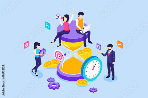 Business people characters are working near a giant hourglass. Effective business work scheduling and Time Planning. Time Management concept. isometric vector illustration