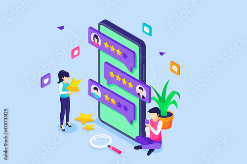 Customer reviews concept. a young woman stands near a big smartphone holding a star to give review and feedback. Customers evaluate a product or service. Isometric Vector Illustration