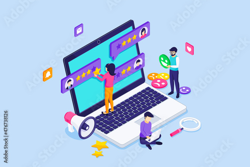 Customer reviews concept. a young woman giving a review by stars rating, and a young man leaving positive feedback. Customer Service and User Experience. Isometric Vector Illustration