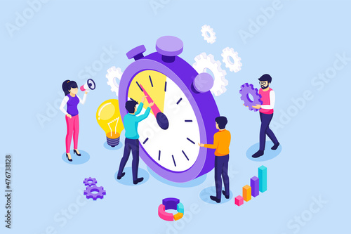 People trying to stop time. A man hangs on an arrow of a giant clock. Time management, Time limit, and Deadline concept. isometric vector illustration