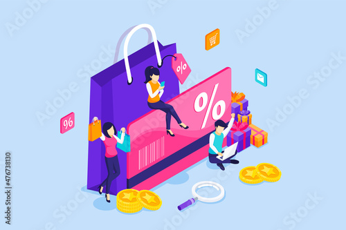 Loyalty marketing program concept. People characters with a giant Loyalty card, Rewards card points, Gift boxes, Discounts, and Bonuses. Isometric Vector Illustration