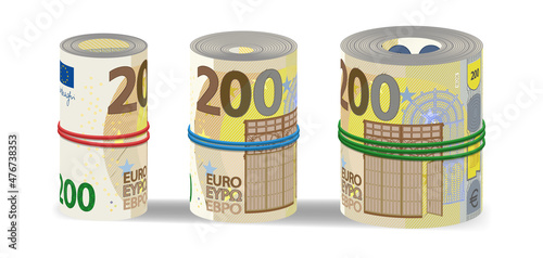 Samples of EU paper money rolled up and tied with colored rubber bands. Banknotes of 200 euros with a shadow on a white background